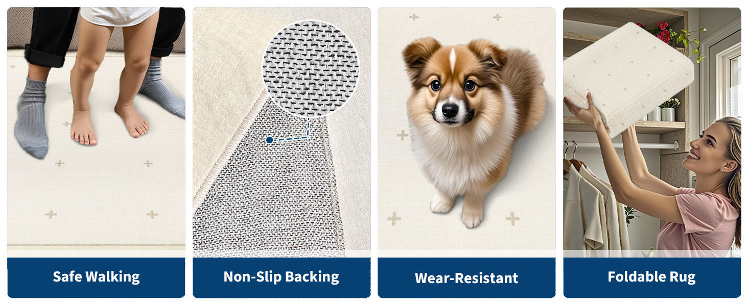 Key features of the washable runner rug including non-slip backing and foldable design