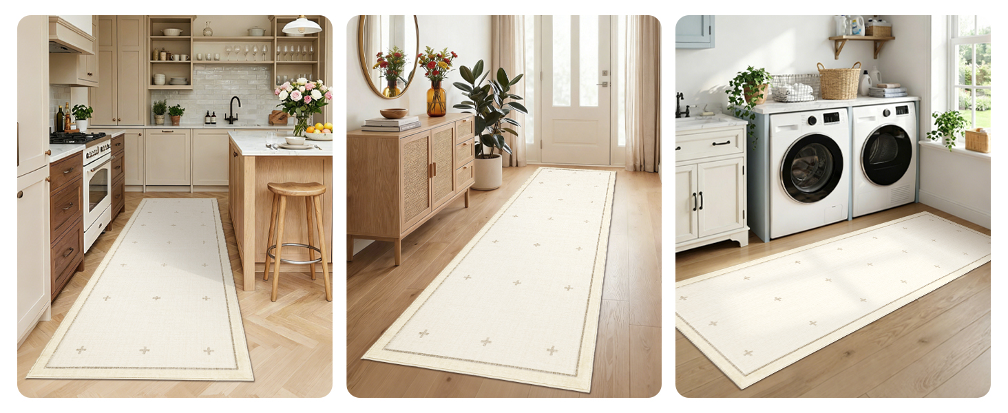 Washable beige runner rug in kitchen hallway and laundry room scenes