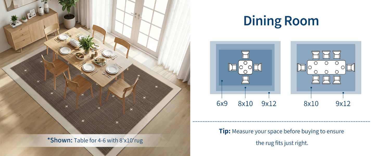 Dining room rug fit guide with recommended rug placement sizes for dining tables