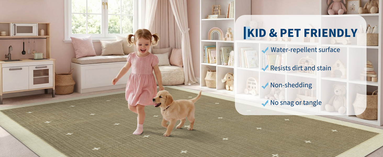 Kid and pet playing on the soft, non-shedding Garvee area rug