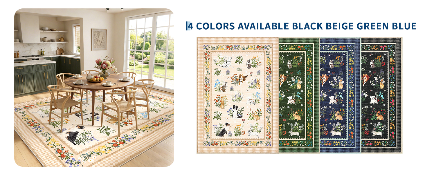 Cute animals area rug styled under a dining table with multi-color options shown