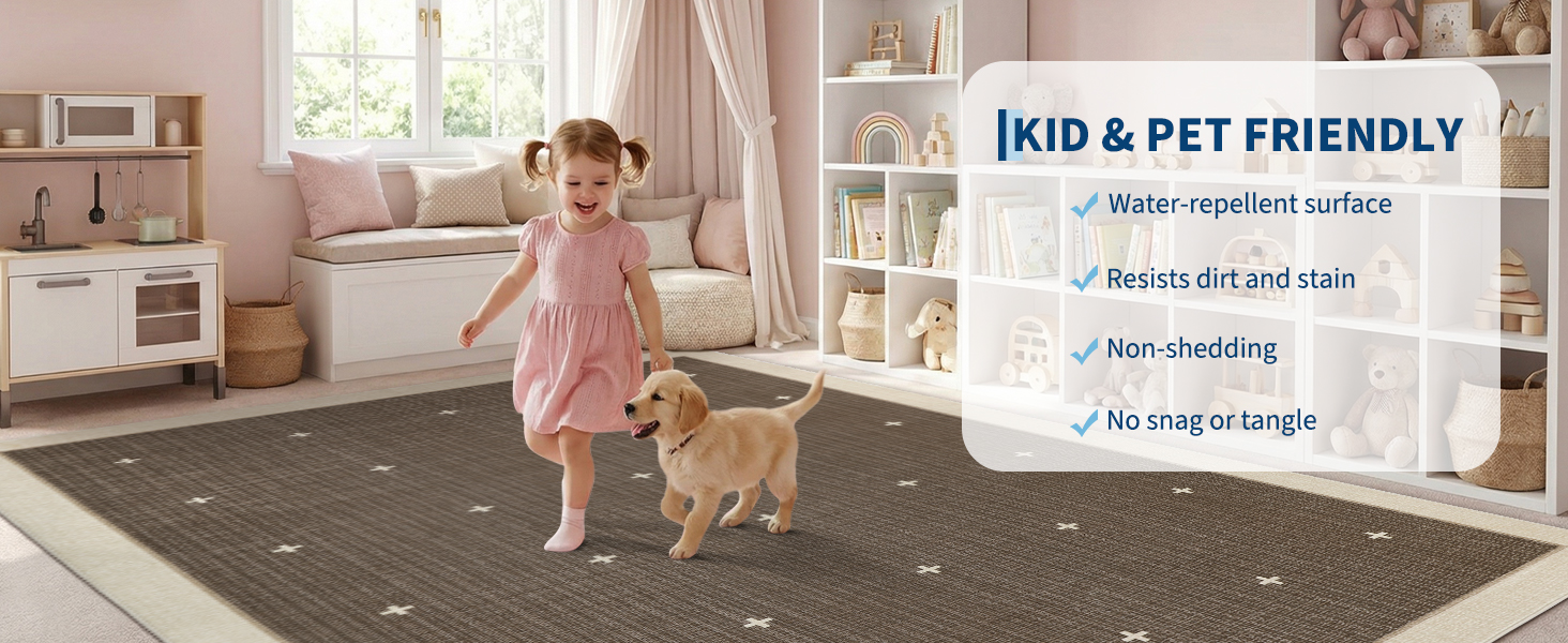 Toddler and Puppy playing on GARVEE stain-resistant area rug