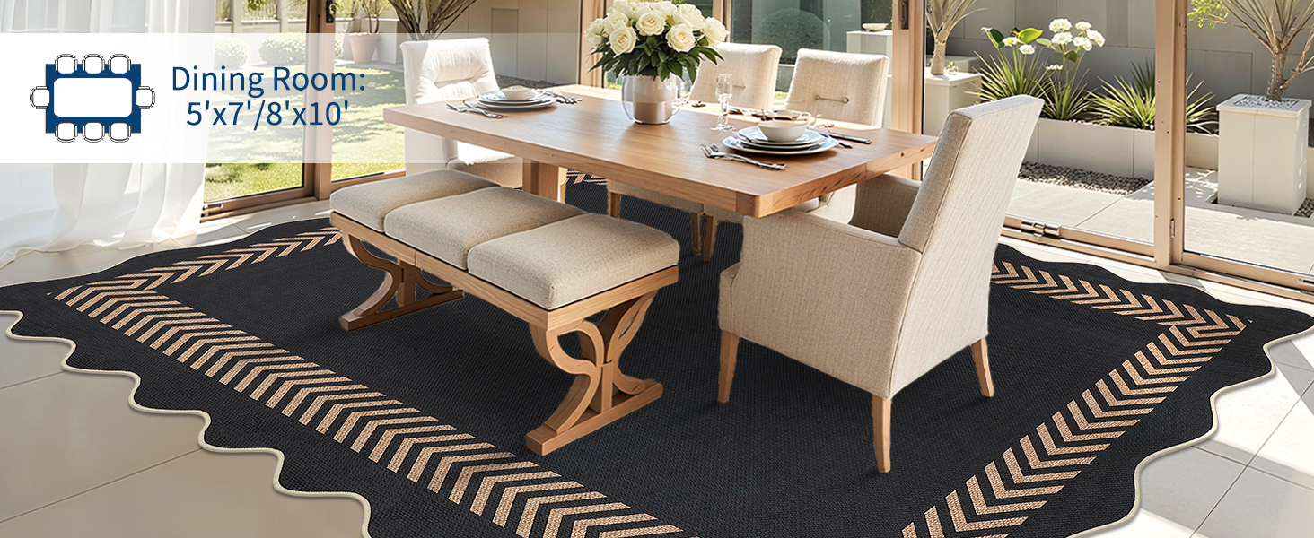 Washable indoor outdoor rug styled under a dining table with a modern border design