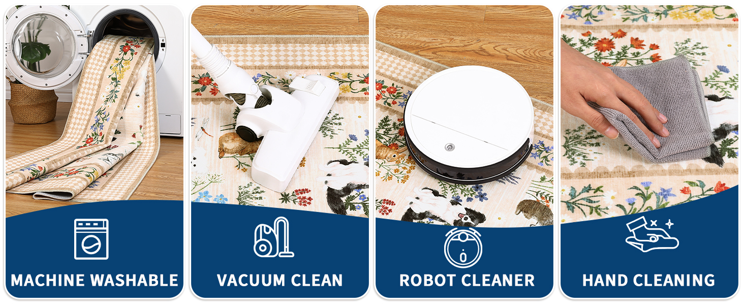 Cleaning options for washable area rug: machine washable, vacuum clean, robot cleaner, and hand cleaning