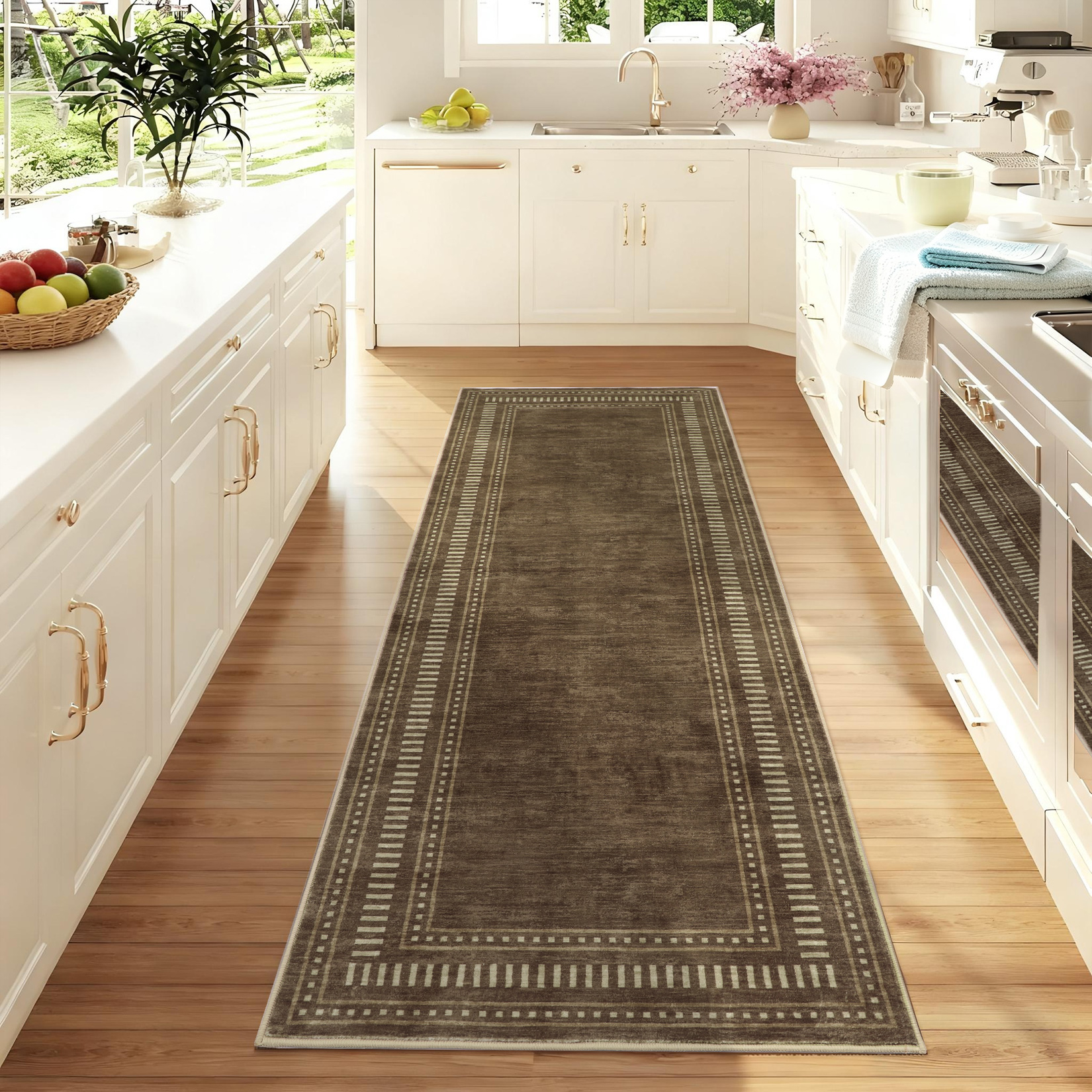 Runner rug styled in a bright kitchen aisle, showing full length and border detailing