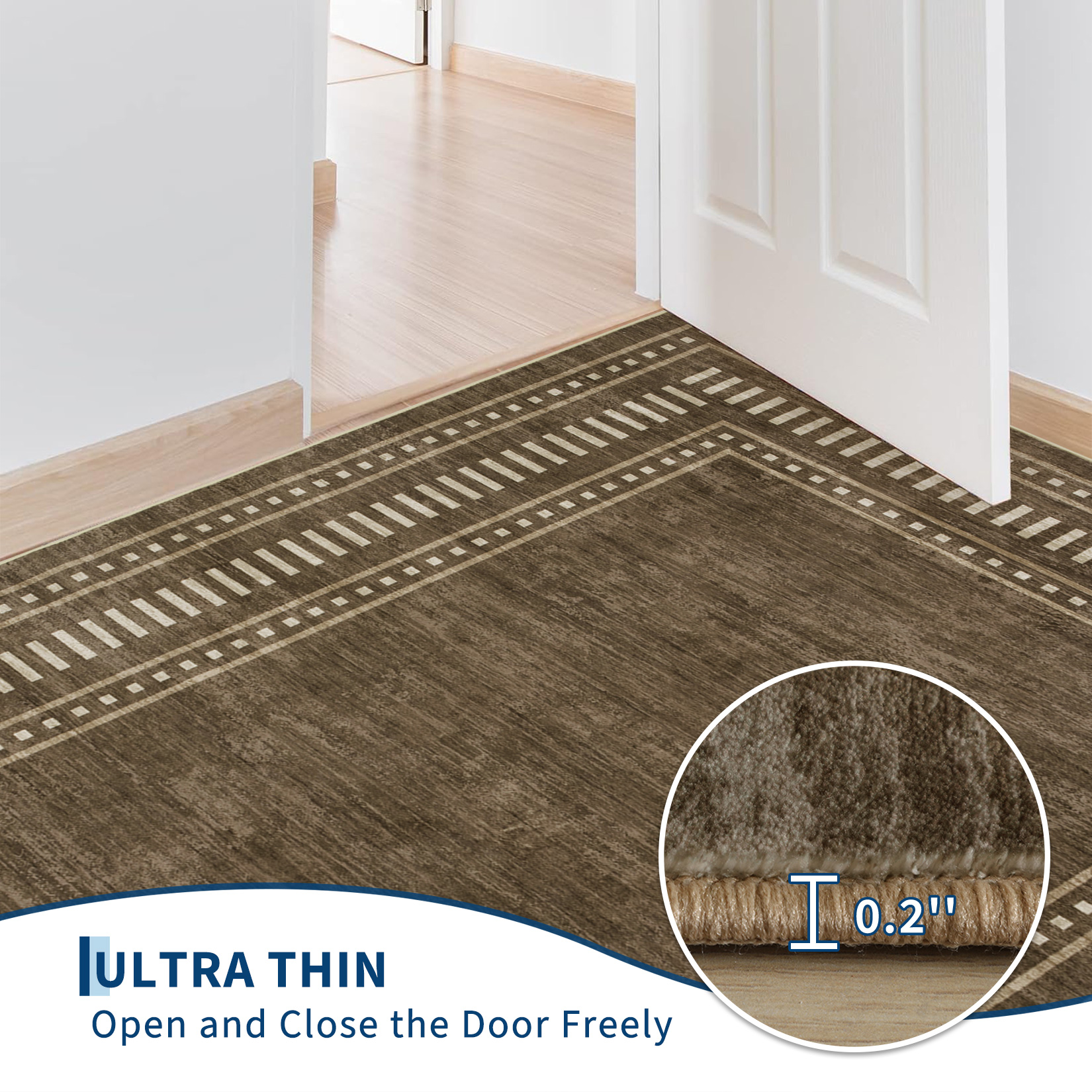 Close-up of runner rug low profile thickness labeled 0.2 inch, designed for door clearance