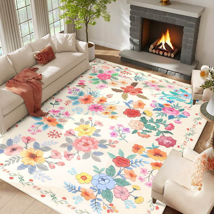 GARVEE colorful floral area rug in a bright living room by fireplace