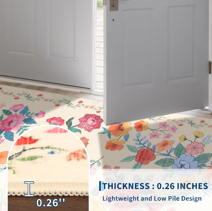 Low pile thickness 0.26 inch rug profile for door clearance and easy placement