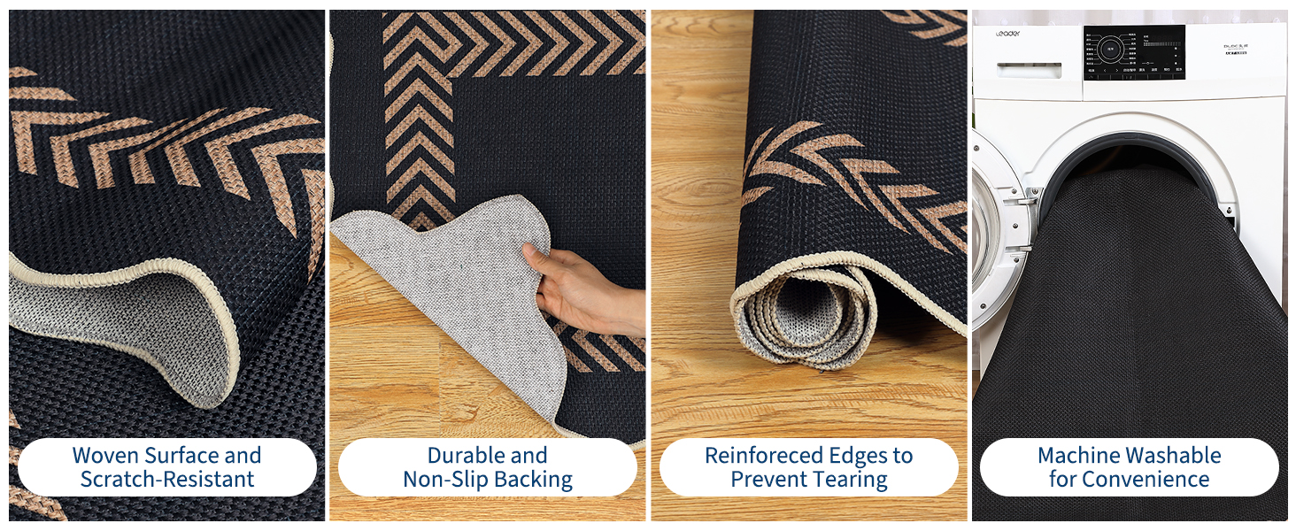 Close-up features of GARVEE easy-jute style rug showing woven surface, non-slip backing, reinforced edges, and machine washable care
