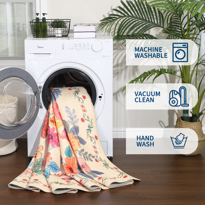 GARVEE floral area rug care icons: machine washable, vacuum clean, hand wash
