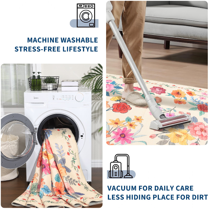 Machine washable floral rug for stress-free cleaning and daily care