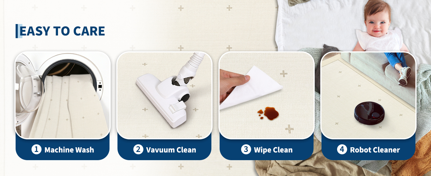 Easy-care washable runner rug maintenance steps including vacuum and wipe clean