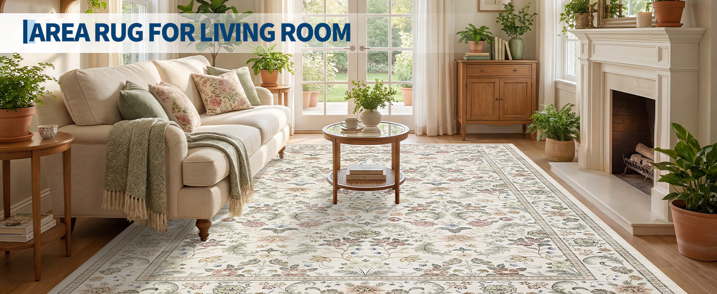 GARVEE washable vintage floral area rug styled in a bright living room with a cozy neutral palette