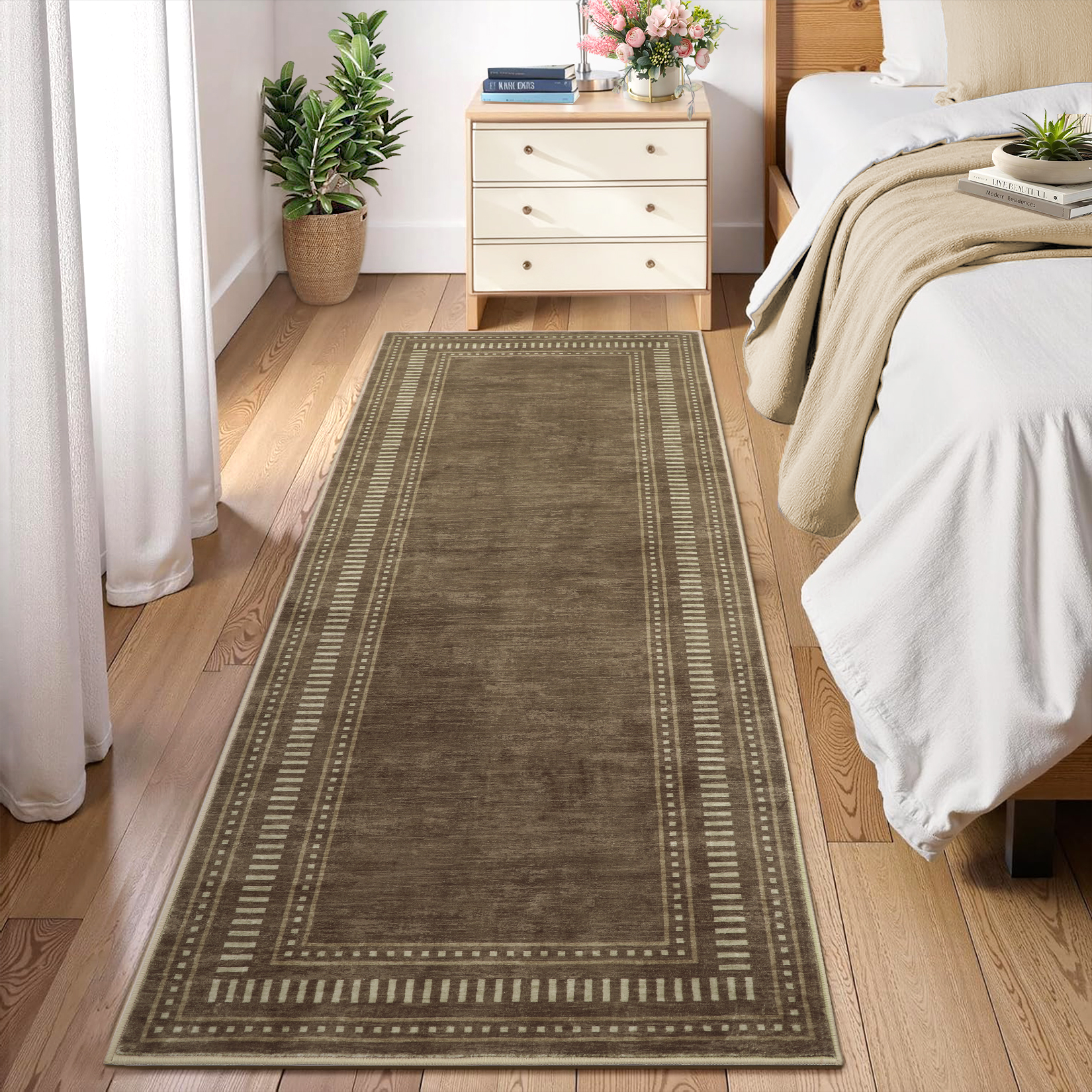 GARVEE ultra-thin runner rug in a bedroom, showcasing full length design and border pattern