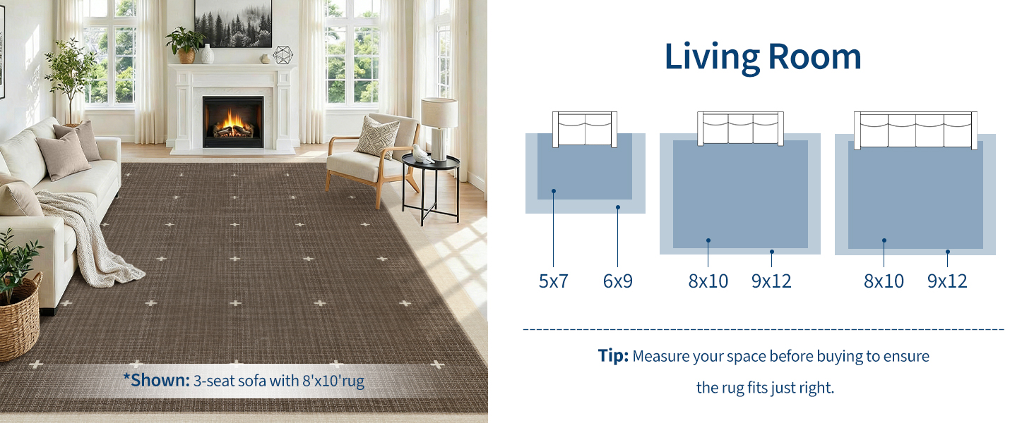 Living room rug fit guide with recommended rug placement sizes for sofas and seating