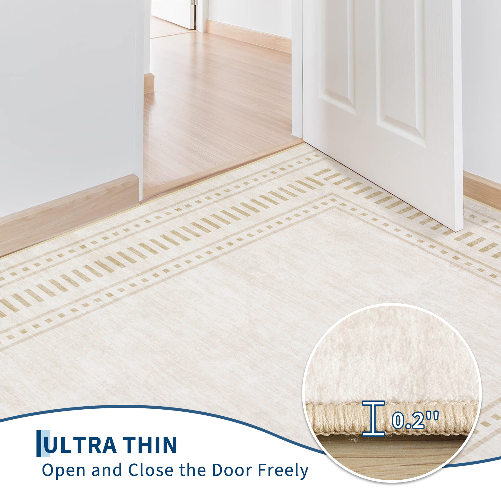 Ultra thin beige border rug low pile for door clearance